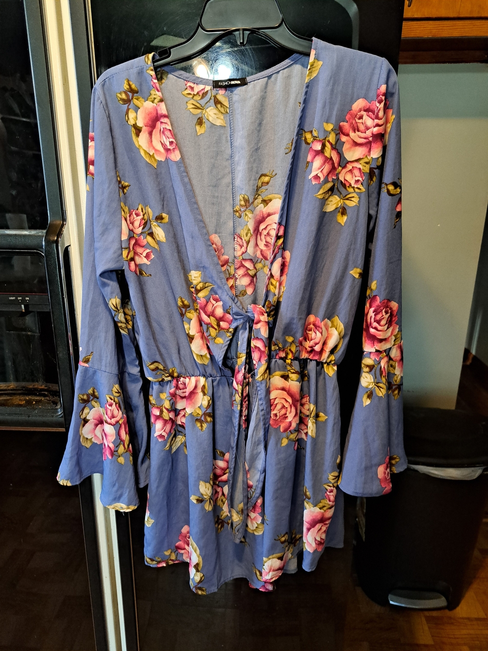 Fashion Nova Blue Floral Tie-Front Tunic with Pink Roses